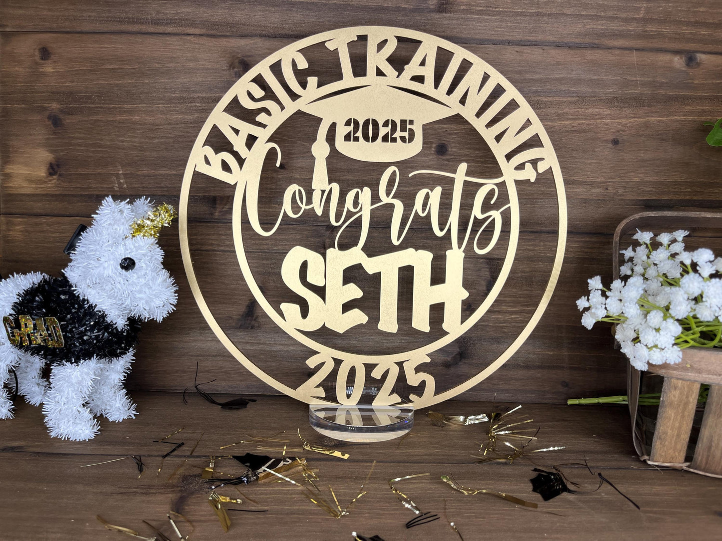 Graduation 2025 Party Decoration, Custom Name Congrats, Table Centerpiece with Acrylic Clear Base, Basic Training Milestone Event Decor