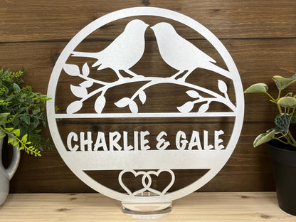 a couple of birds sitting on top of a metal sign