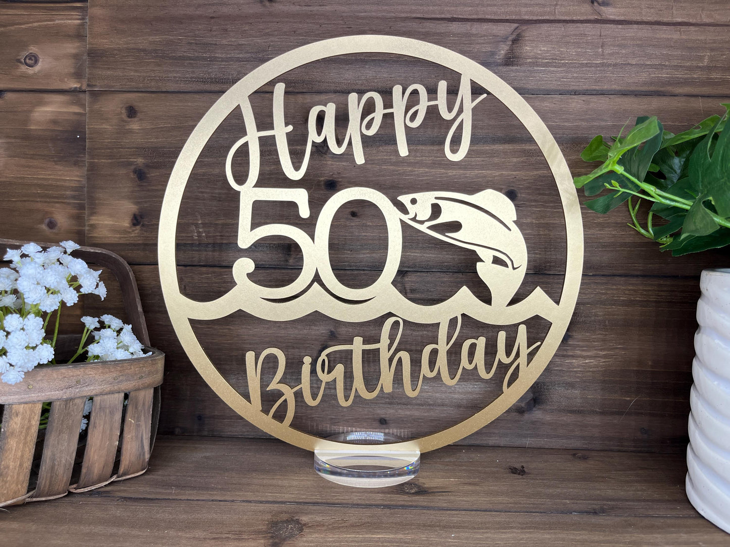 Happy Birthday Fish Table Centerpieces, 50th Milestone Celebration, Rustic Wooden Party Decorations, Golden Year Anniversary Decor