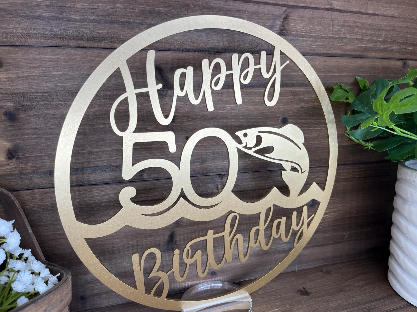 Happy Birthday Fish Table Centerpieces, 50th Milestone Celebration, Rustic Wooden Party Decorations, Golden Year Anniversary Decor