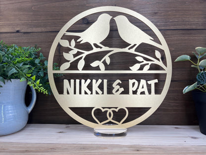 a couple of birds sitting on top of a metal sign