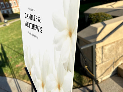 a white sign sitting on the side of a road