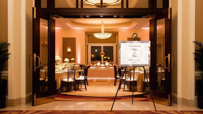 a large room with tables and chairs and a projector screen