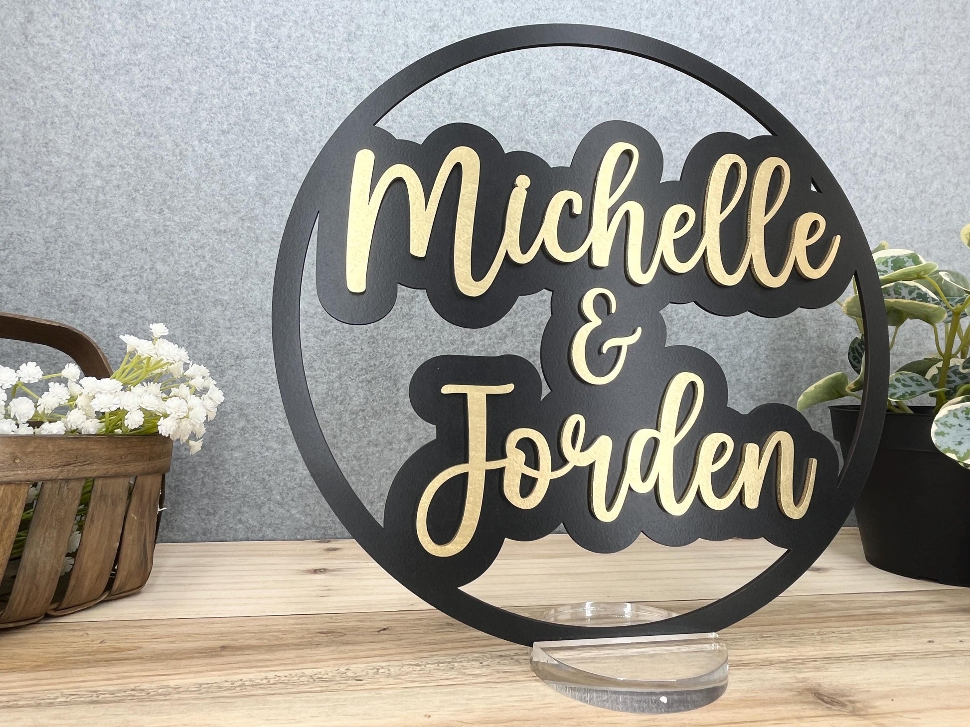Wedding Centerpiece Personalized. Gold Silver White on Stunning Black. Engagement Anniversary Party