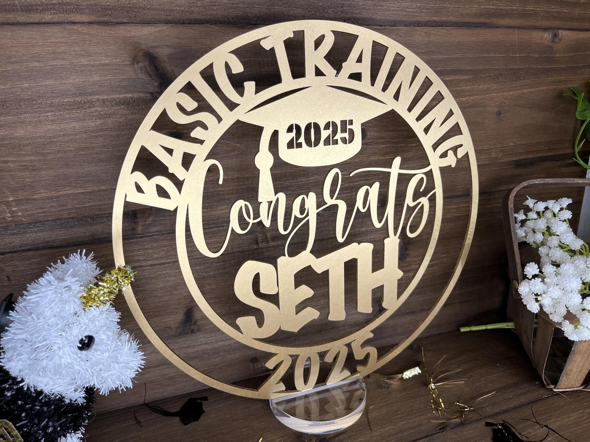 Graduation 2025 Party Decoration, Custom Name Congrats, Table Centerpiece with Acrylic Clear Base, Basic Training Milestone Event Decor