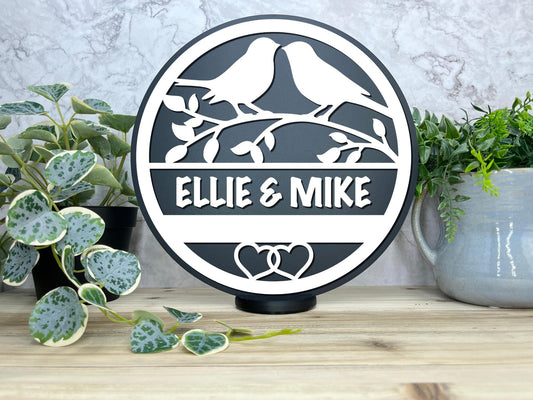 a couple of birds sitting on top of a wooden sign