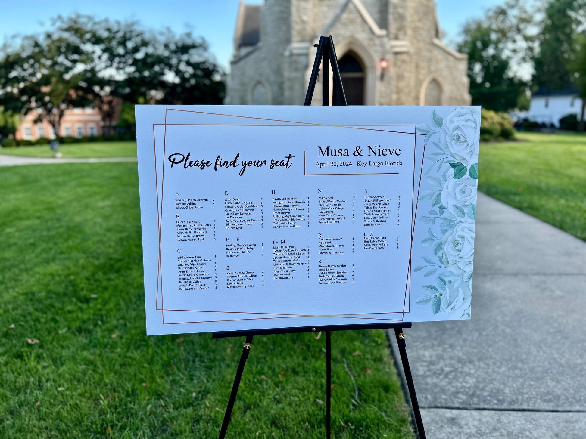Wedding Seating Chart. Personalized Dinner Guest List. Welcome White Rose Decor. UV Sealed Waterproof. Sturdy. Handmade