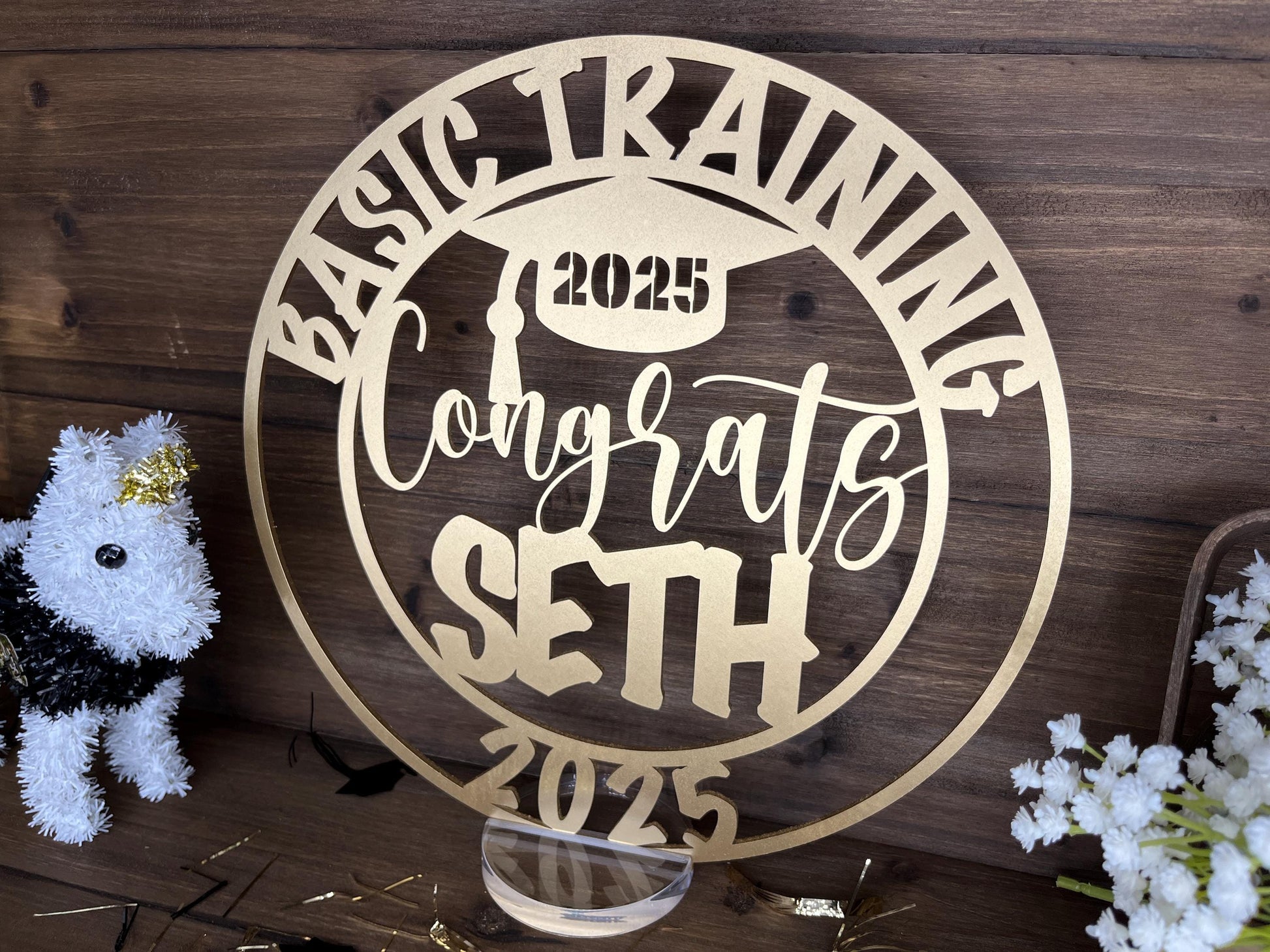 Graduation 2025 Party Decoration, Custom Name Congrats, Table Centerpiece with Acrylic Clear Base, Basic Training Milestone Event Decor
