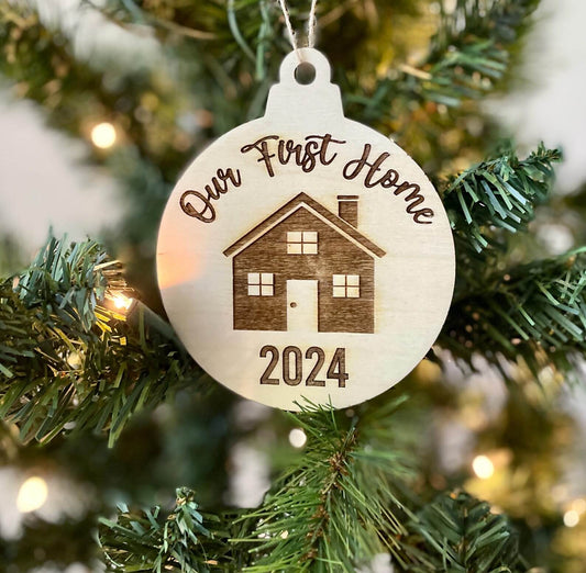 Our First Home Ornament, Engraved Christmas Decoration, Laser Cut Wood, Rustic Winter Decor, Sentimental Holiday Gift.