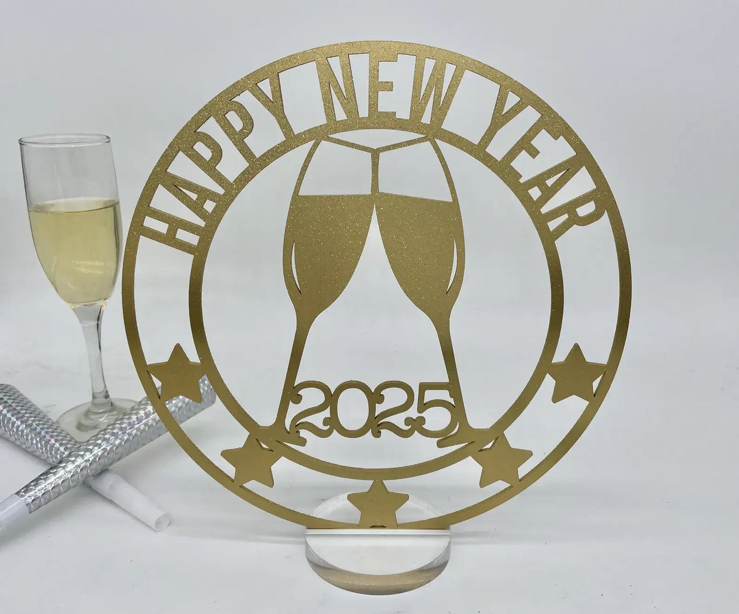 Happy New Year 2025 Party Centerpiece. Big 10" Sturdy Wood not Cardboard Champagne Theme New Year Eve Party.