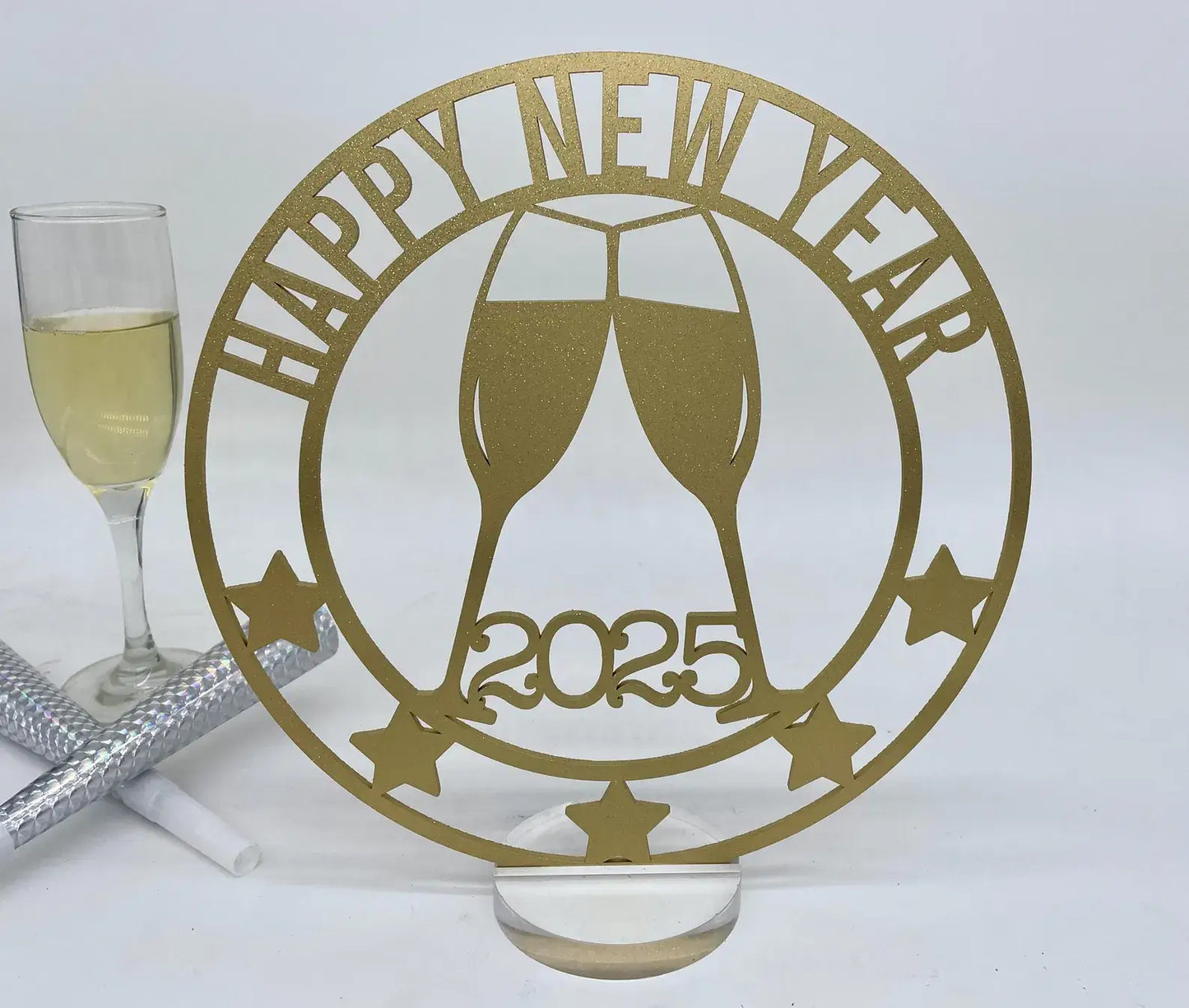 Happy New Year 2025 Party Centerpiece. Big 10" Sturdy Wood not Cardboard Champagne Theme New Year Eve Party.